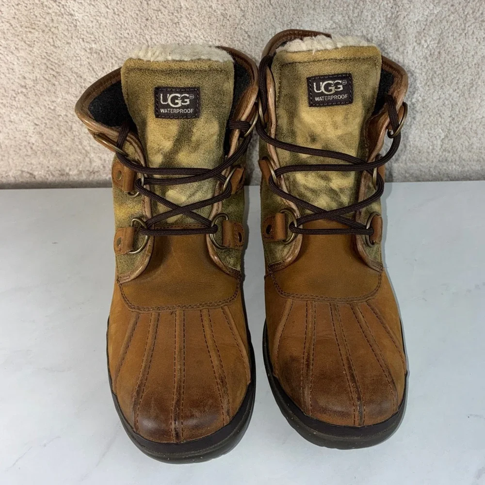 UGG Tan Leather Suede Duck Boots - 10 - Waterproof Shearling 1007999 Winter